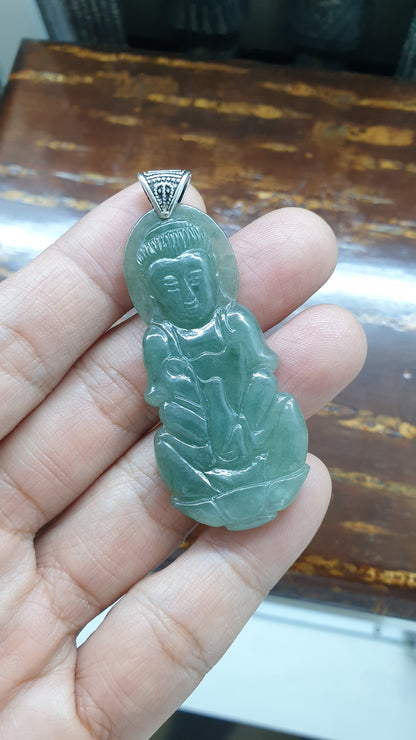 Jade Guan Yin Pendant Type A Natural Jadeite Fei Cui Sterling Silver S925