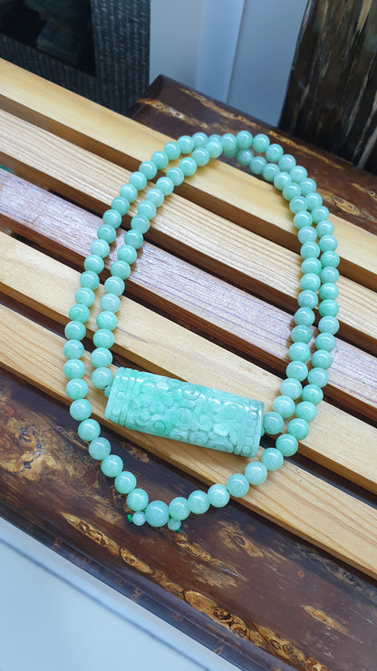 Jade Necklace 24inch with Floral Cylinder Type A Jadeite Natural Pastel Green