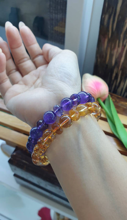 Citrine and Amethyst Paired Bracelets 17 cm - Natural Gemstone Beads