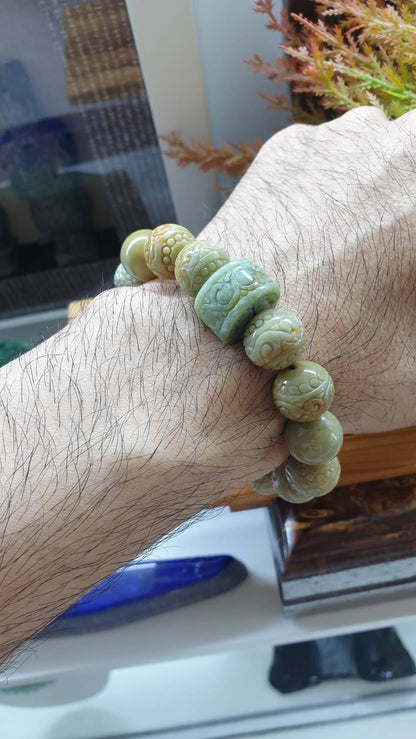 Golden Green Jade Ru Yi Bracelet 17cm Type A Natural Two Tone Jadeite Alternate Beads