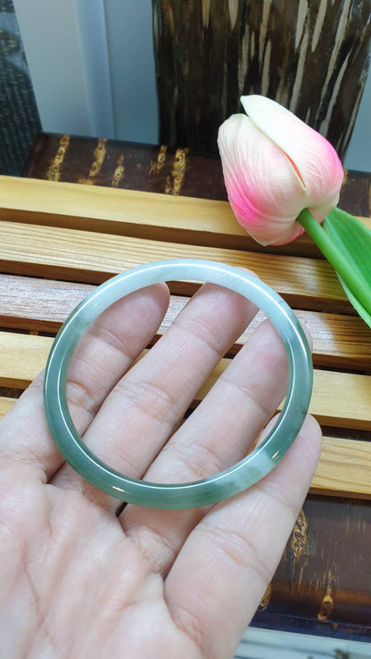 Green Fei Cui Jade Cylindrical Bangle S57 Type A Natural Jadeite Two Tone