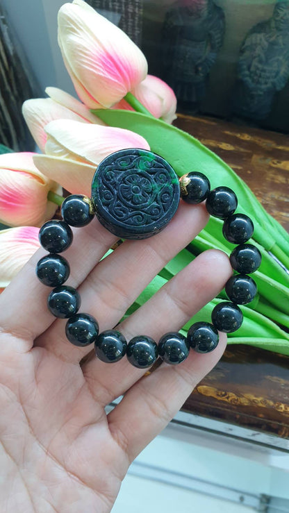 Vintage Black Jade Bracelet (17 cm) | 23K Gold & Type A Natural Jadeite | Good Fortune Beaded Jewelry