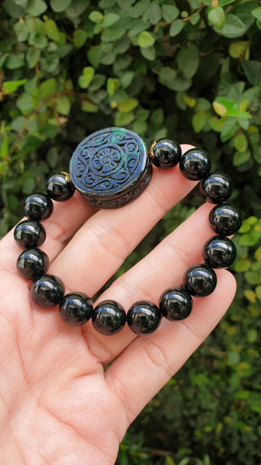 Ru Yi Black Jade Bracelet 17cm Gold Accents Myanmar Natural Black Jadeite Type A