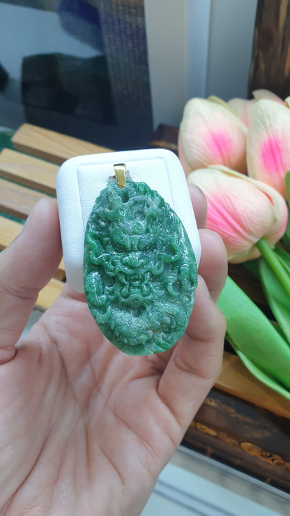 18K Gold Jade Dragon Pendant Fei Cui Type A Natural Green Jadeite