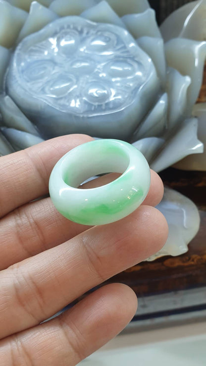 Type A Natural Jadeite Moss in Snow Domed Ring - US Size 12