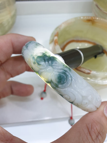 Jade Floral Half Bangle Red Thread Bracelet (Adjustable) | Fei Cui - Type A - Jadeite