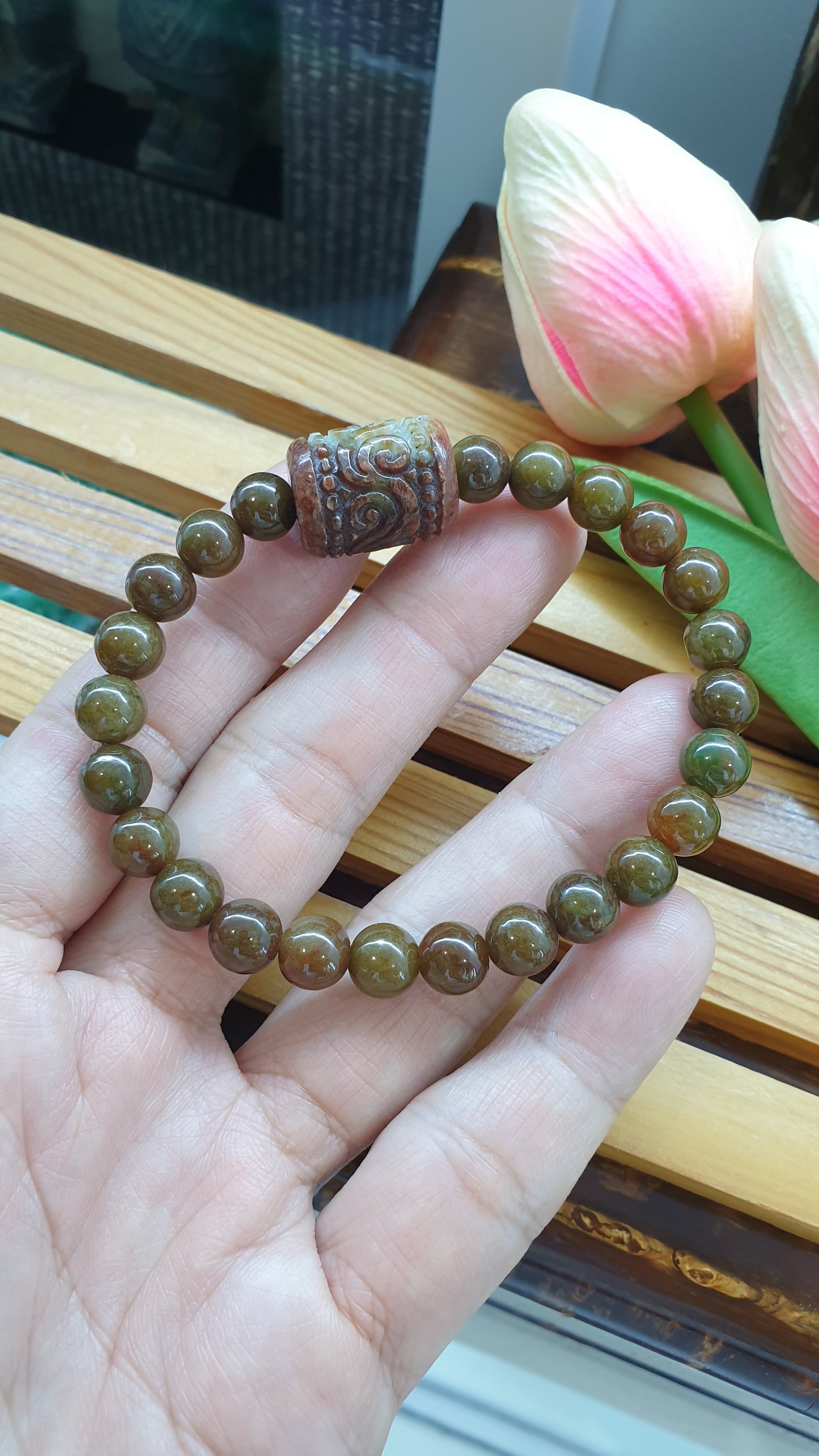 Vintage Brown Jade Wish Fulfilling Bracelet 17cm Ru Yi Cylinder Charm Natural Jadeite