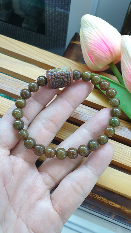 Vintage Brown Jade Wish Fulfilling Bracelet 17cm Ru Yi Cylinder Charm Natural Jadeite