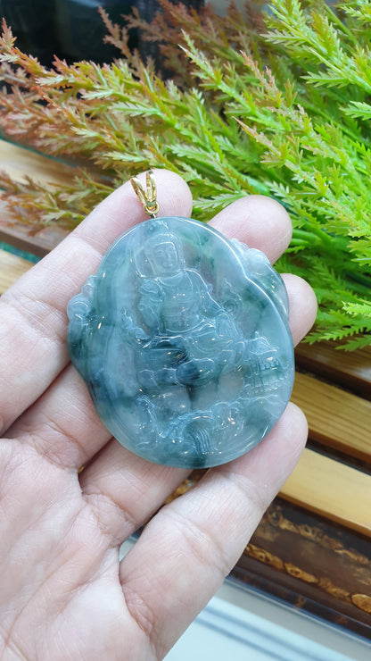 14K Solid Gold Jade Guan Yin Pendant Type A Natural Icy Blue Green Jadeite