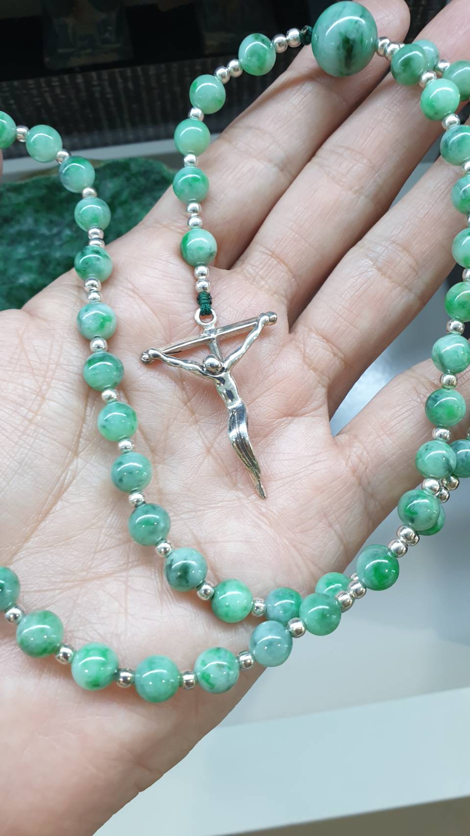 Green Jade Rosary 26in Type A Natural Myanmar Jadeite Sterling Silver Crucifix