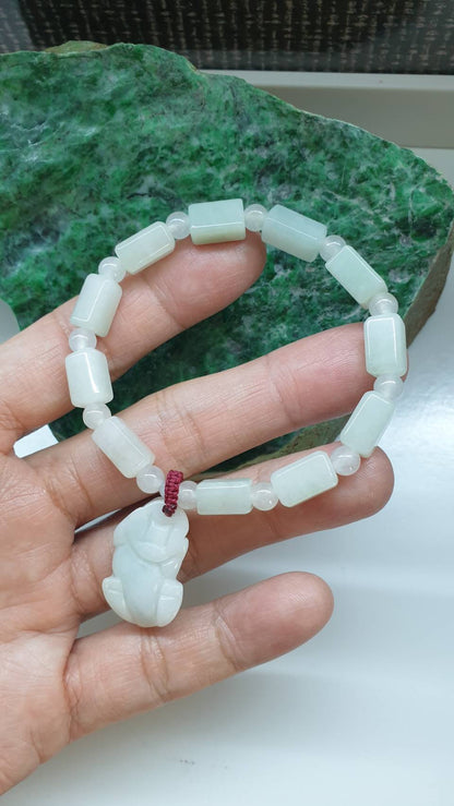 White Jade Pixiu Charm Bracelet 17cm Myanmar Type A Jadeite Cylinder Beads