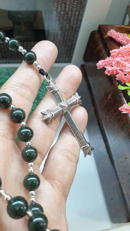 Black Green Jade Rosary 27.5in Type A Natural Myanmar Jadeite Sterling Silver Cross