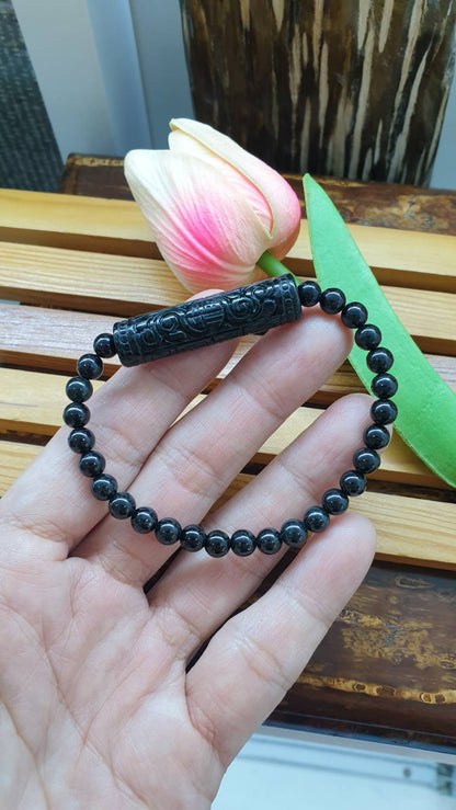 Black Jade Bracelet with Ru Yi Charm 17 cm | Type A Natural Burma Jadeite