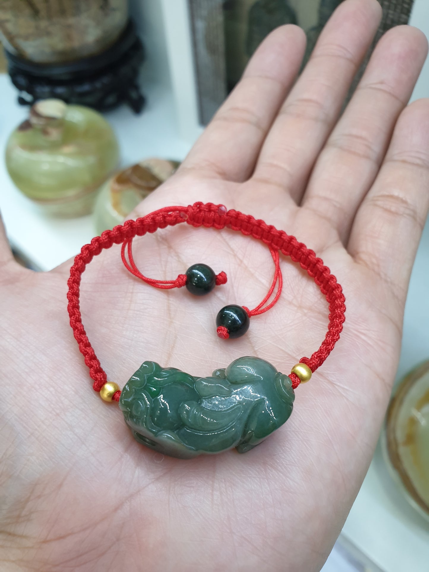 Jade Pixiu Red Thread Bracelet (Adjustable) | Pure 24K Gold Beads | Fei Cui - Natural Jadeite