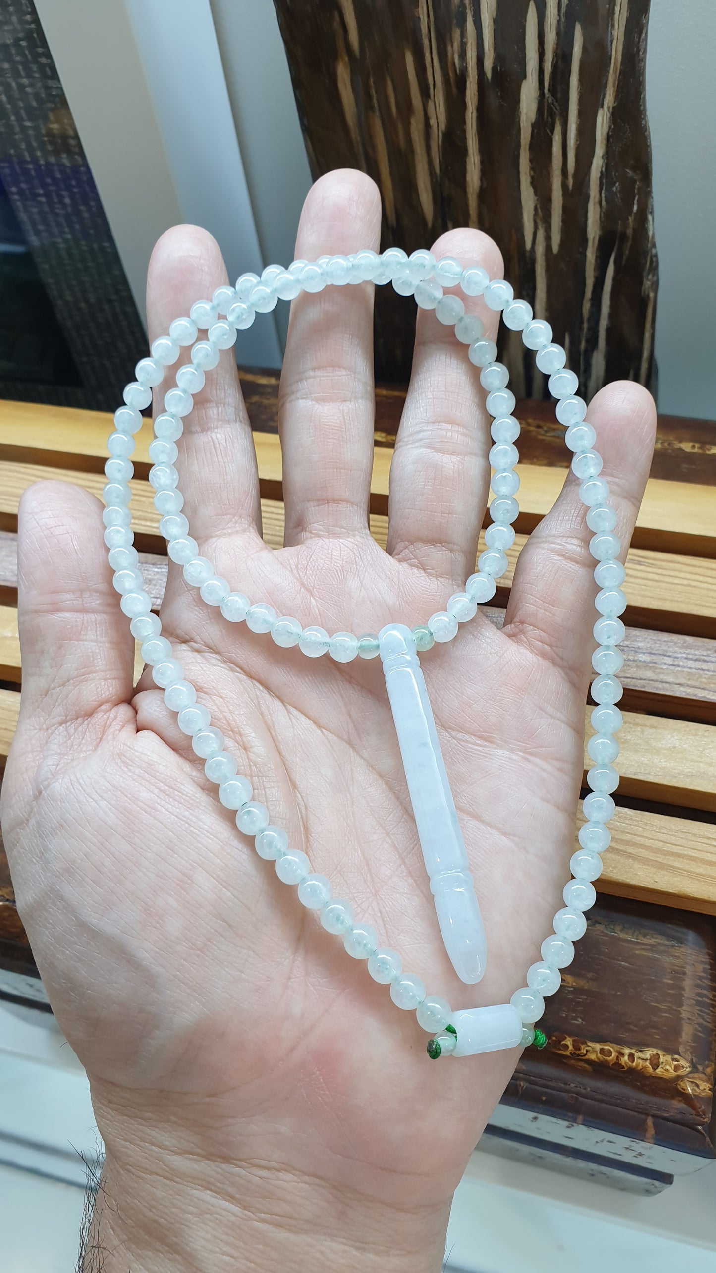 White Jade Ru Yi Bang Necklace 24inch Type A Myanmar Jadeite Natural Icy Beads