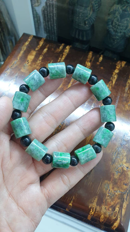 Jade Cylinder Beads Bracelets (18 cm) | Mottled Green, Type A Natural Jadeite | His or Hers Wrist Accessories
