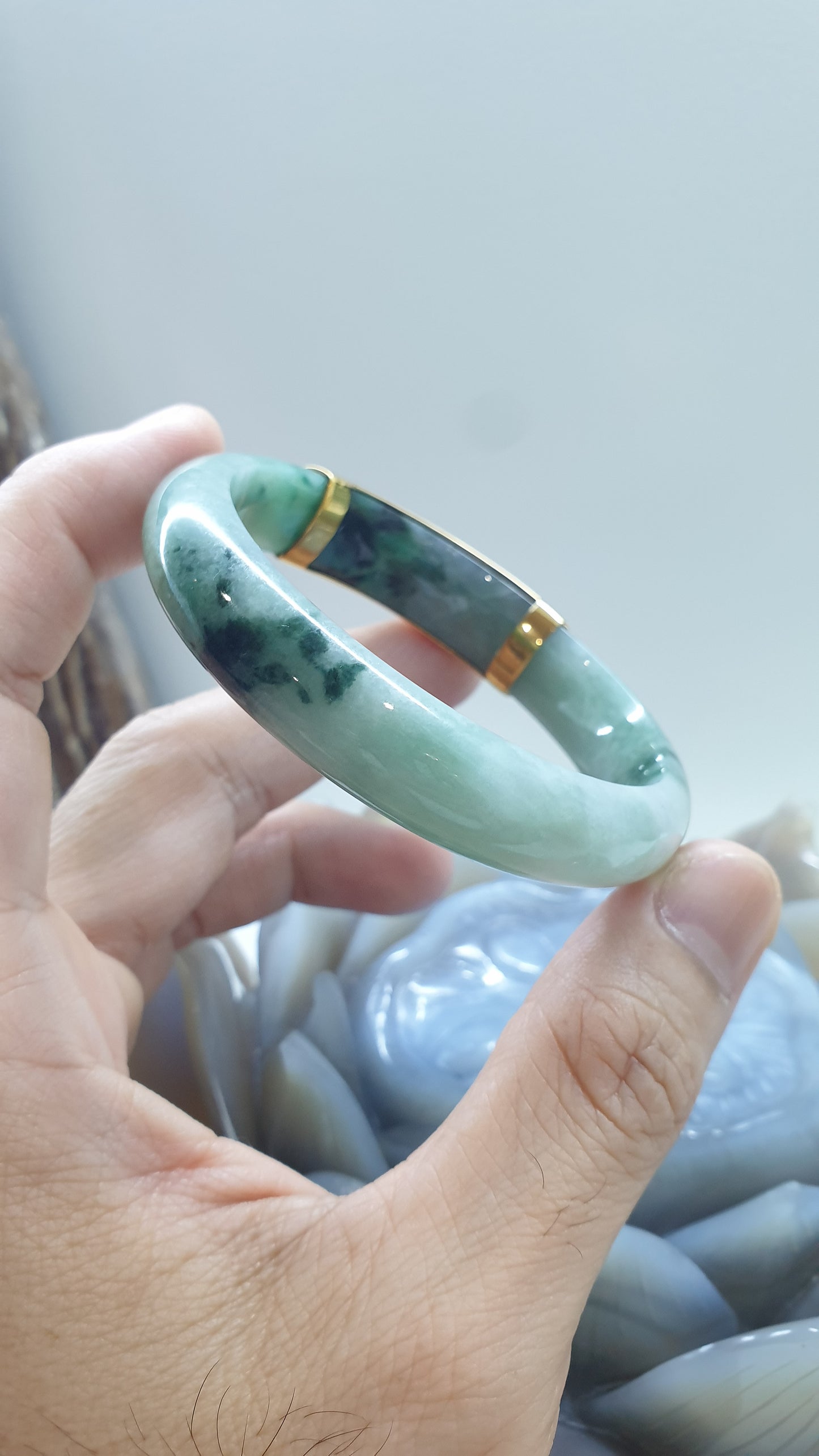 Jade Bangle with Solid 14K Gold Cross S58 Type A Natural Jadeite
