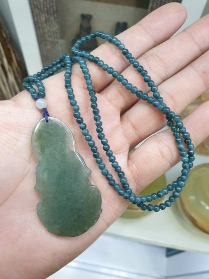 Jade Guan Yin on Blue Jade beaded Necklace (24") | Fei Cui Type A Jadeite | His or Hers Fortune Necklace