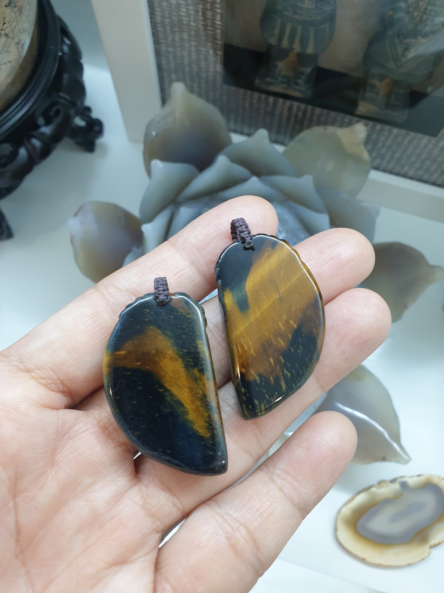 Dragon & Phoenix Paired Pendants | Natural Tiger's Eye Stone | Handwoven Thread Bail