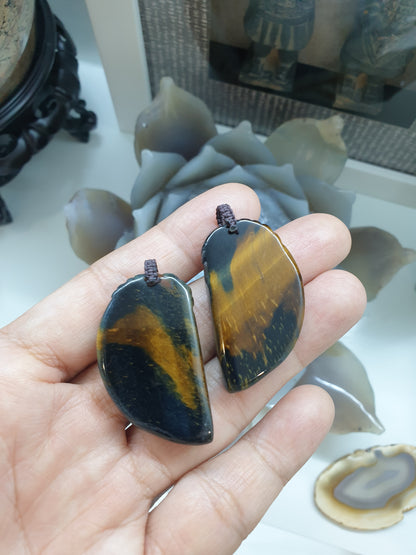 Dragon & Phoenix Paired Pendants | Natural Tiger's Eye Stone | Handwoven Thread Bail