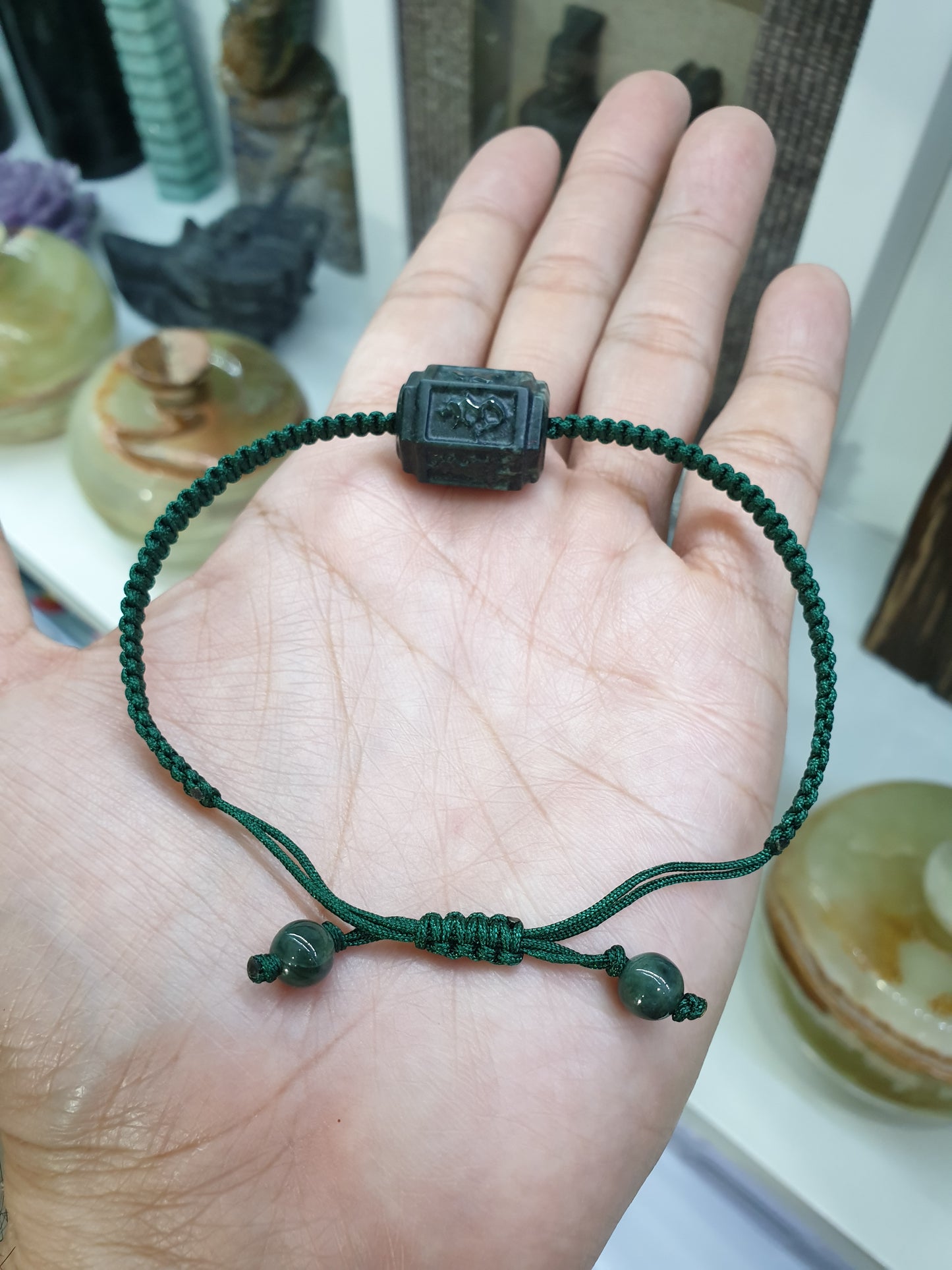 Type A Black Jade Mani Mantra Woven Bracelet and Charm 17cm