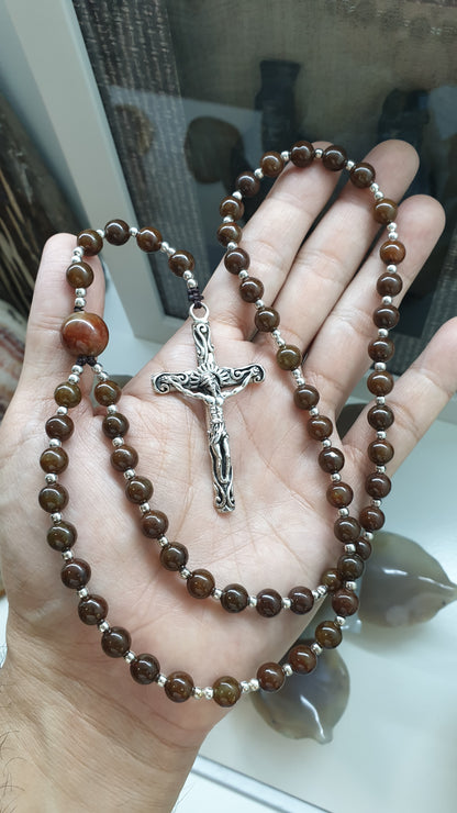 Brown Jade Rosary - 29 inch - Natural Jadeite Vintage Beads - Sterling Silver Crucifix