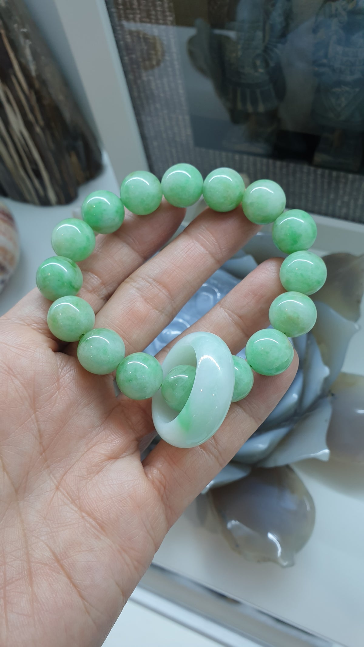 Pastel Green Jade Bracelet 17cm Spinning Ring Charm Type A Natural Jadeite