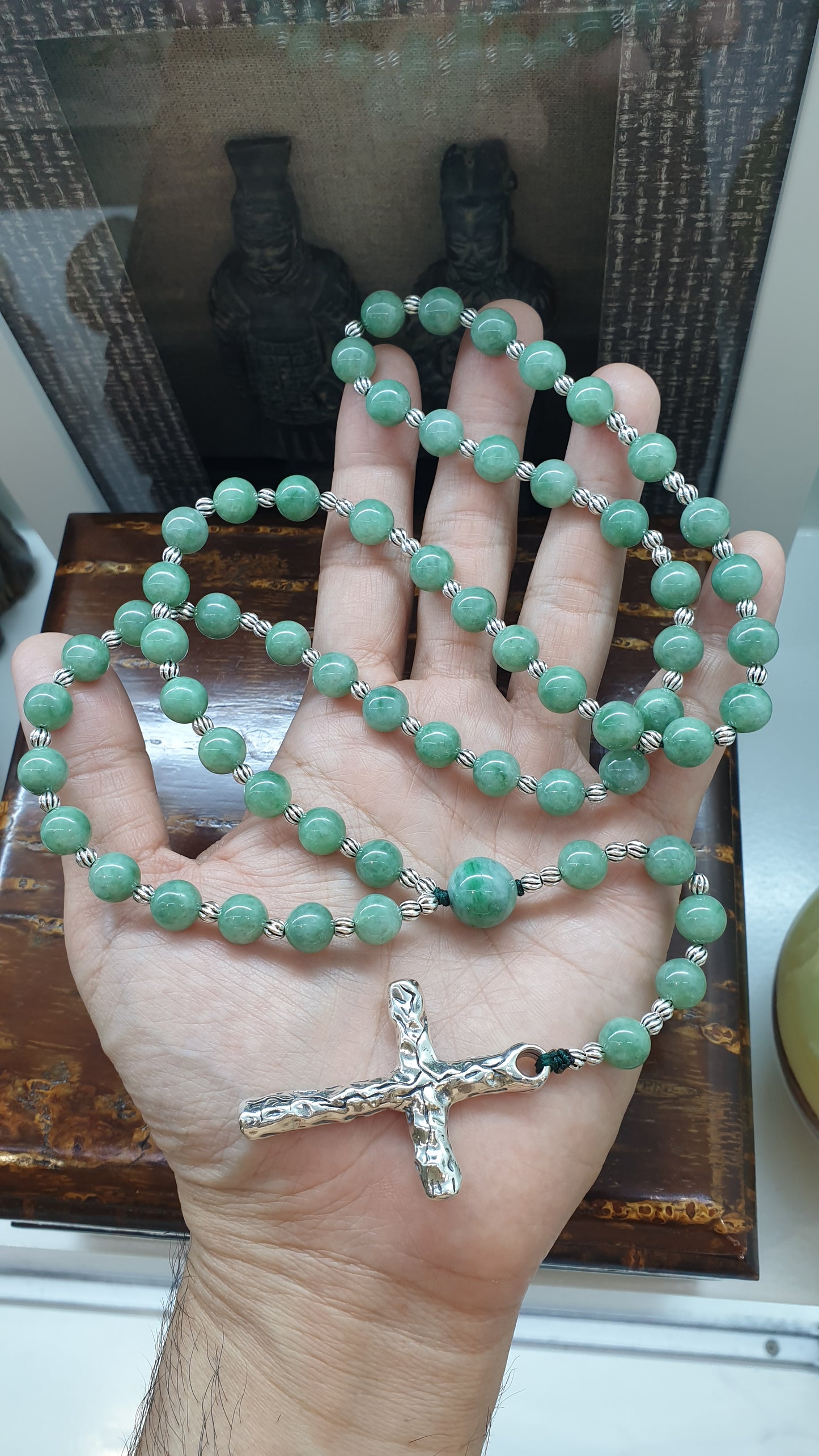 Green Jade Beads Rosary Necklace (33 inch) |Type A Natural Jadeite + Sterling Silver | Collector's Material