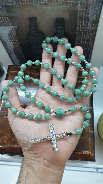 Green Jade Beads Rosary Necklace (33 inch) |Type A Natural Jadeite + Sterling Silver | Collector's Material