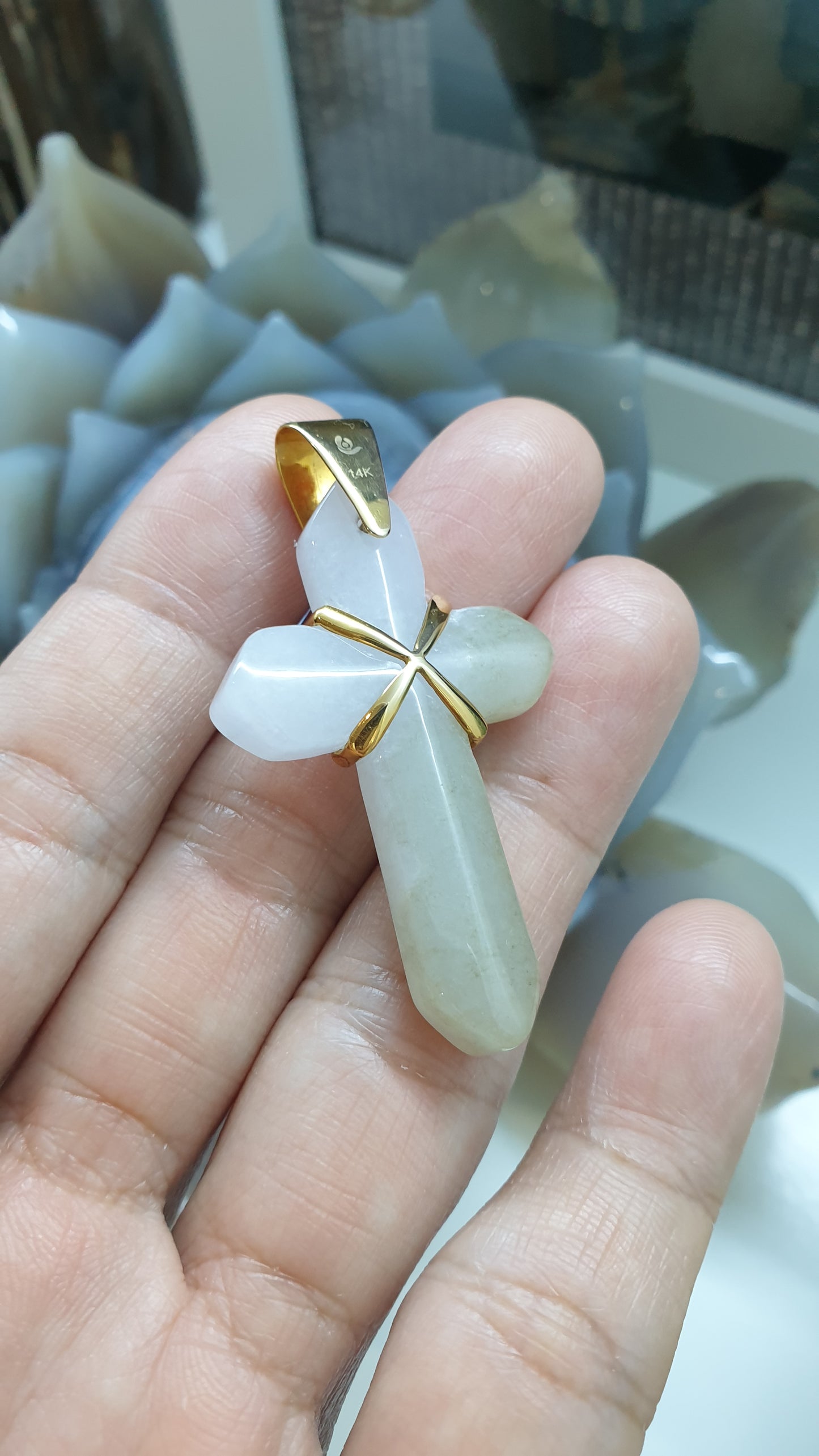 White Jade Cross Pendant | Solid 14K Gold | Type A Authentic Jadeite