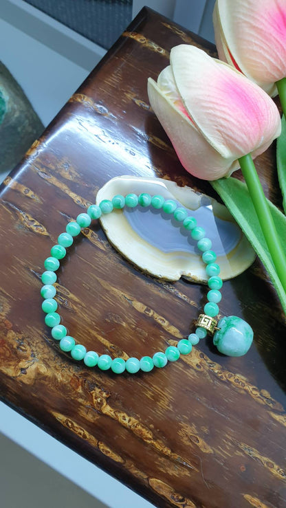9K Solid Gold Moss in Snow Jade Apple Charm Bracelet 17cm Fei Cui Type A Jadeite