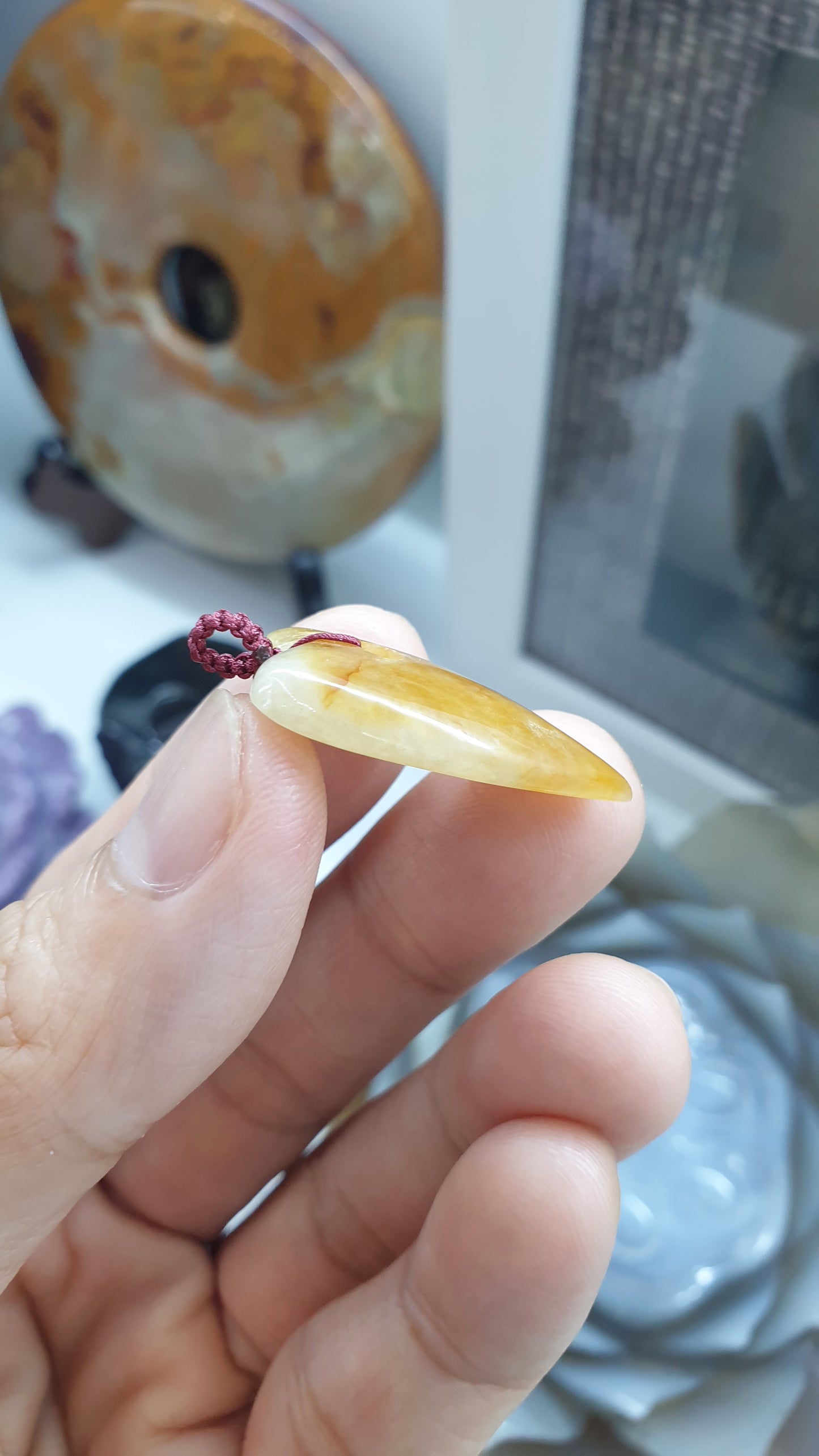 Natural Type A Jadeite Heart Boho Pendant with Handwoven Thread Bail