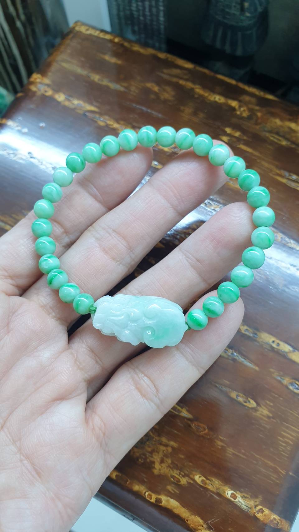 Jade Pixiu 17cm Bracelet - Type A Jadeite in Moss in Snow and Apple Green