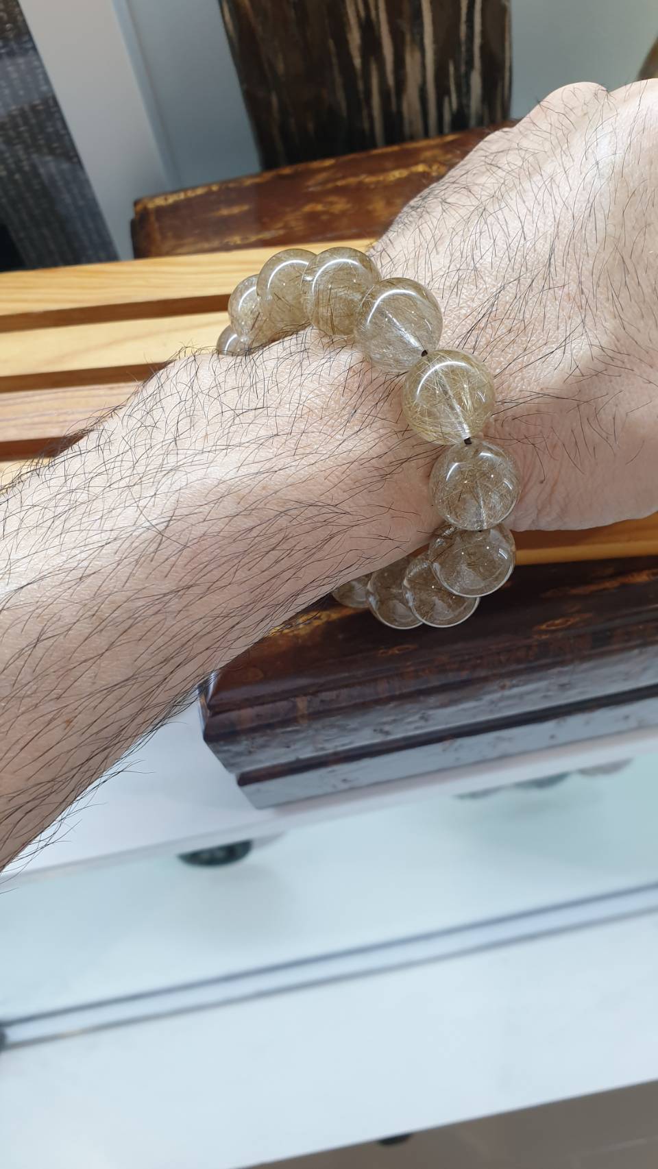 Silver Rutilated Quartz Bracelet 17.5 cm - Natural Gemstone Beads 15 mm