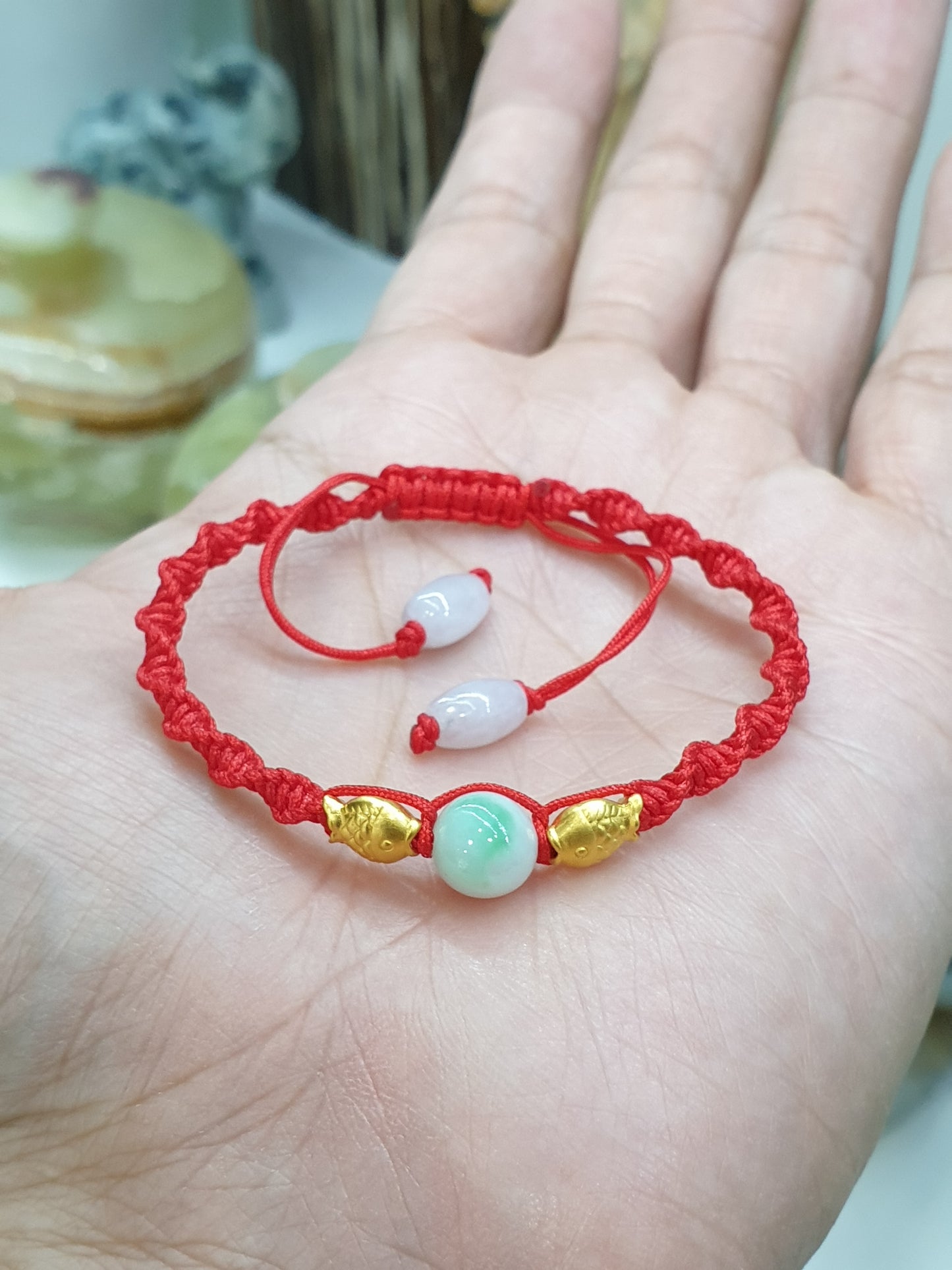 24K Pure Gold Koi Fish and Moss in Snow Jade Braided Bracelet Natural Jadeite