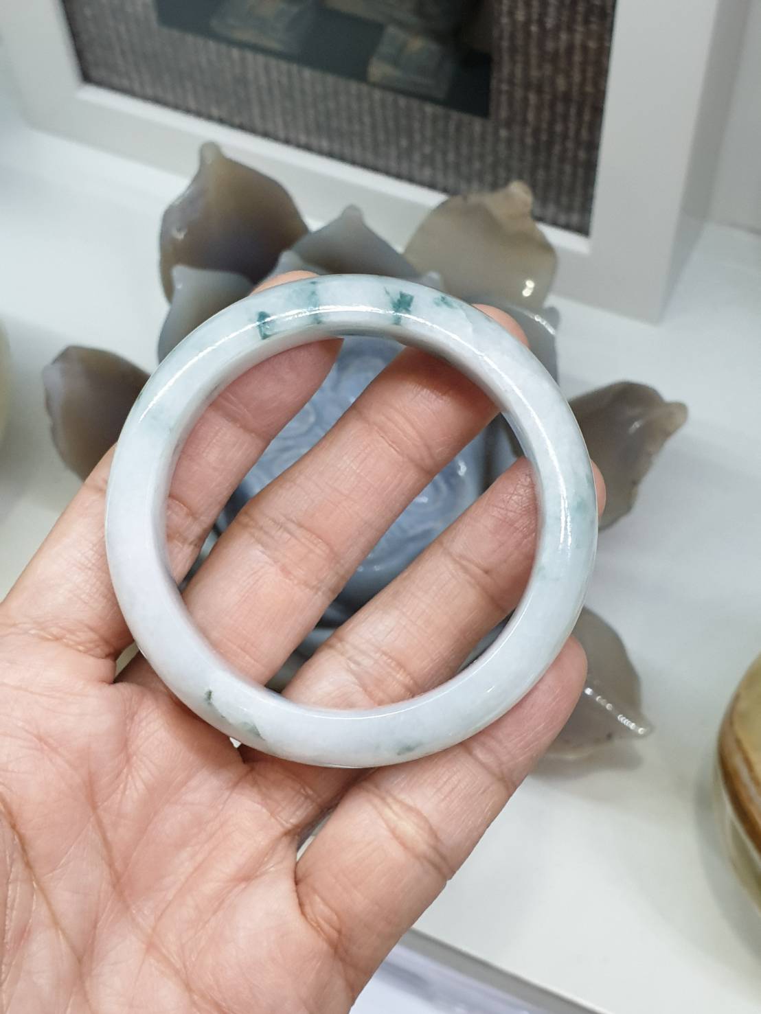 White Jade Everyday Bangle S55 Natural Green Dots Type A Myanmar Jadeite