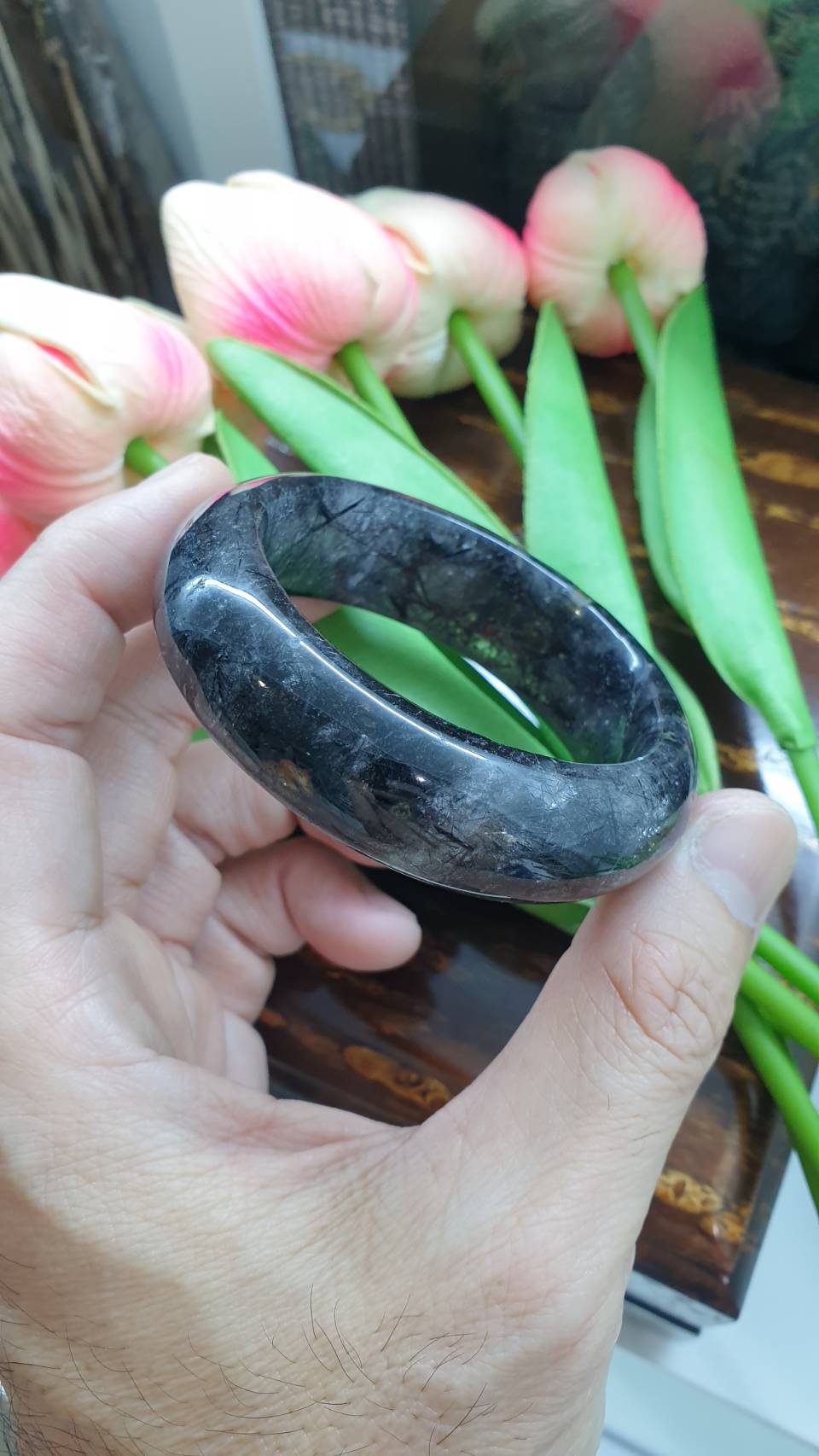 Elegant Tourmalinated Quartz Bangle (Size 50 - 51) | Natural Stone Bracelet