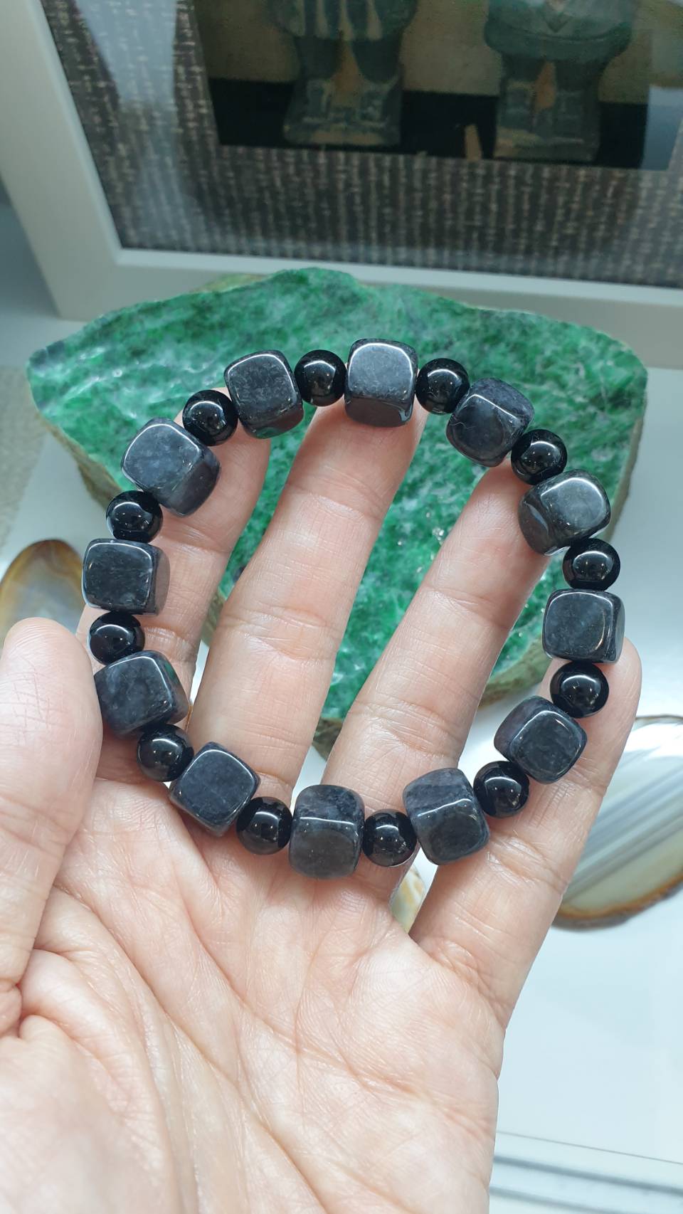 Natural Black Jadeite 18cm Bracelet Myanmar Jade with Cube and Round Beads