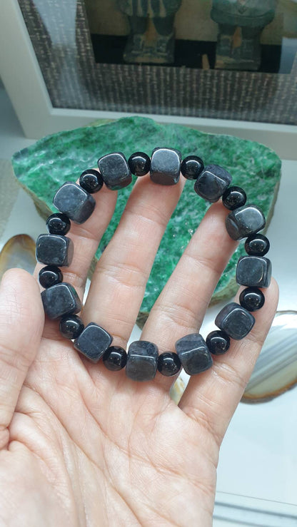 Natural Black Jadeite 18cm Bracelet Myanmar Jade with Cube and Round Beads