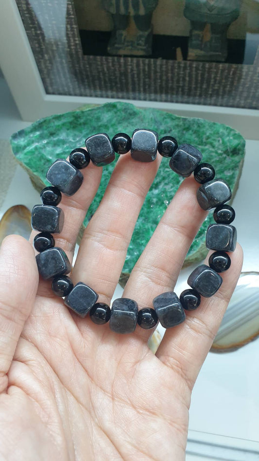 Natural Black Jadeite 18cm Bracelet Myanmar Jade with Cube and Round Beads