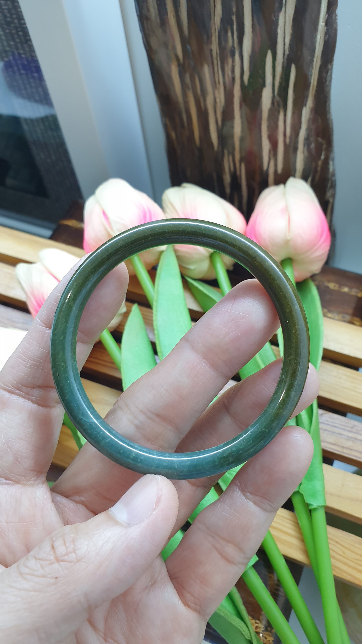 Honey Blue Jade Cylindrical Slim Bangle S54 Type A Natural Jadeite TwoTone
