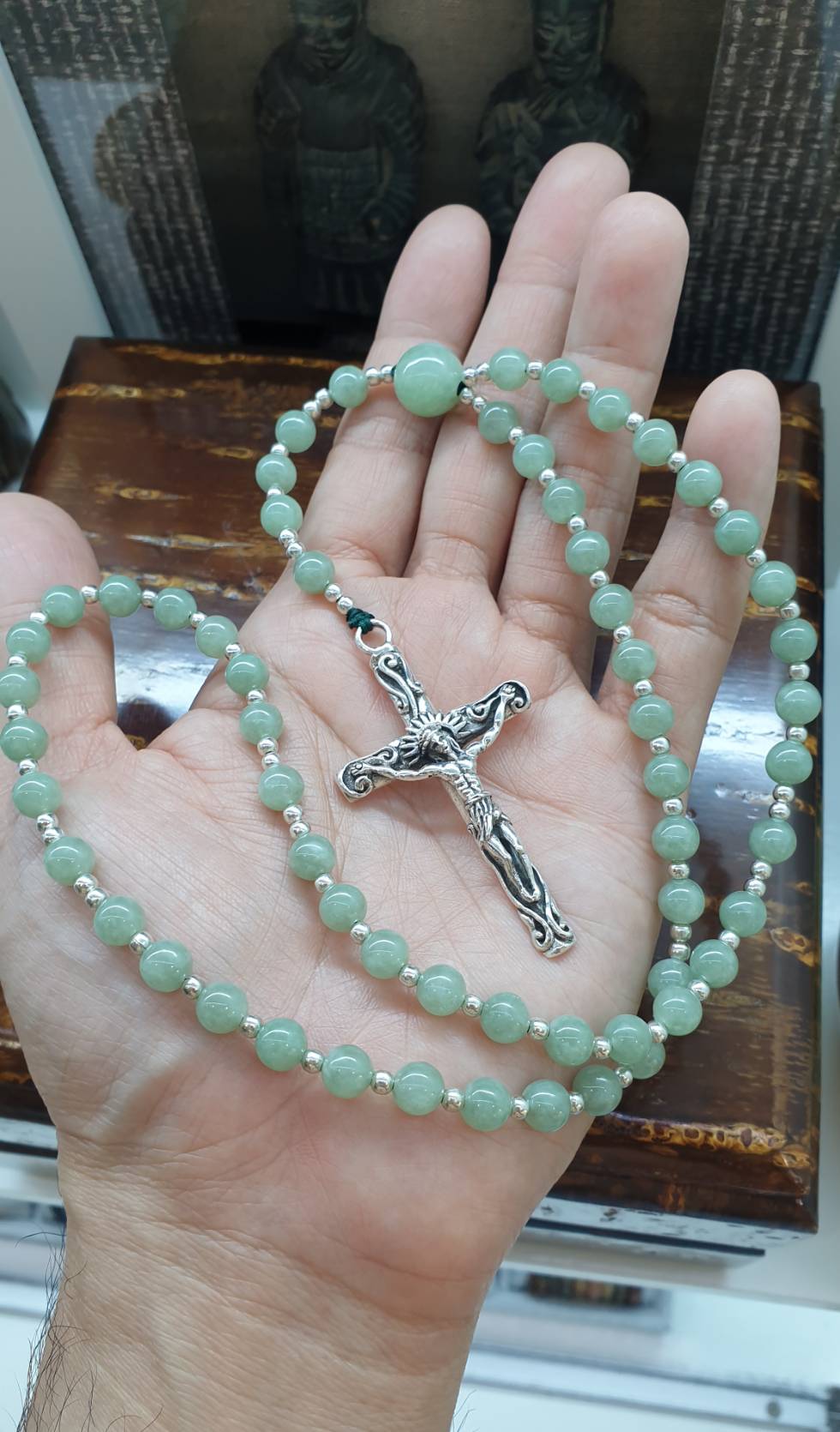 Jade Beads Rosary (25.5 inch) | Type A Natural Lime Green Jadeite + Sterling Silver Crucifix