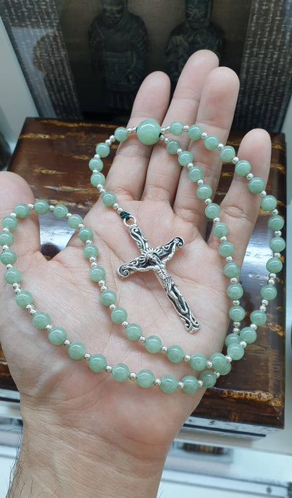 Jade Beads Rosary (25.5 inch) | Type A Natural Lime Green Jadeite + Sterling Silver Crucifix