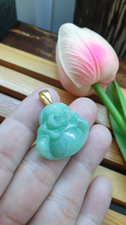 Jade Happy Buddha Pendants 9K Gold Fei Cui Type A Myanmar Jadeite