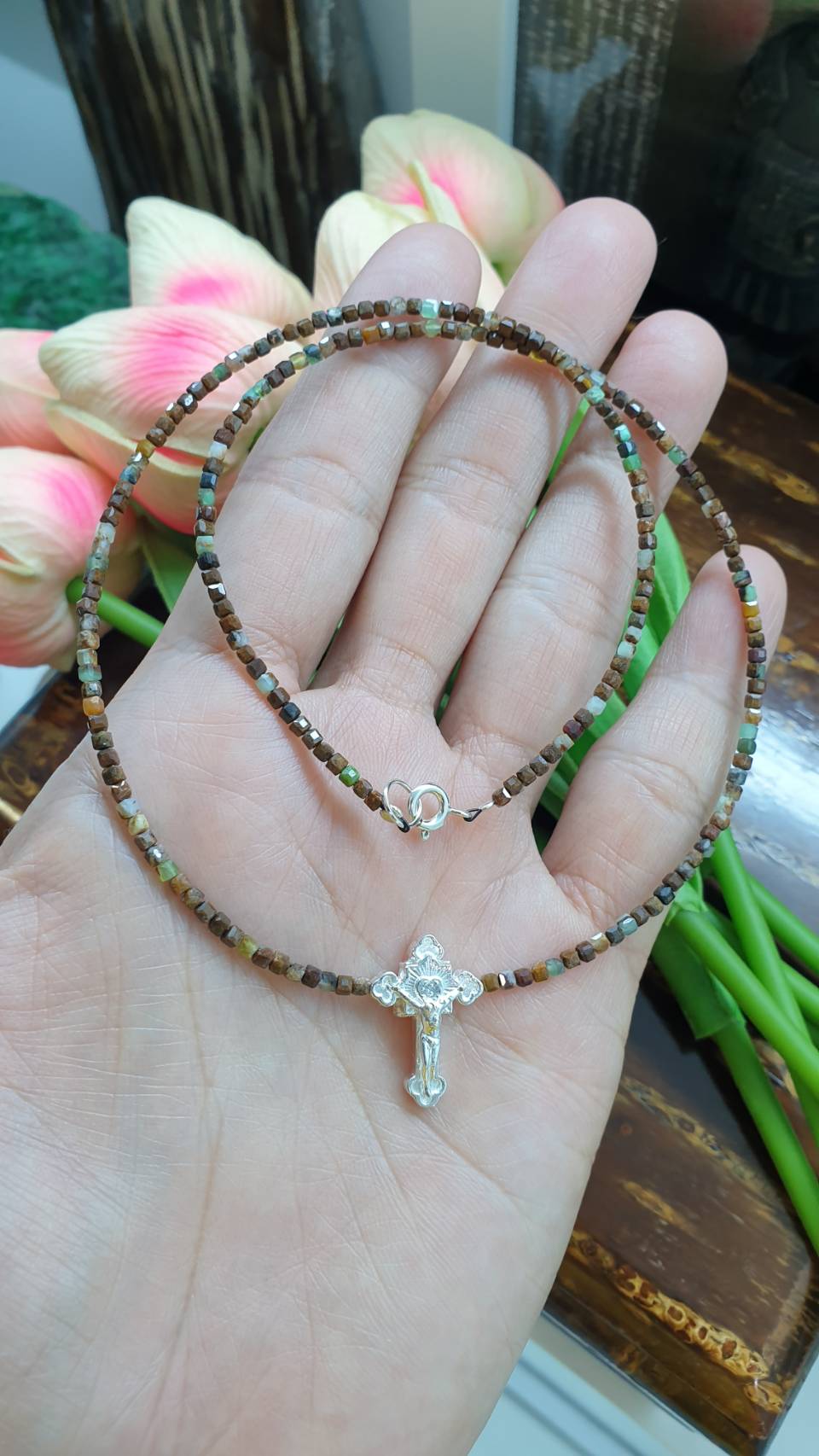 Crucifix Beaded Chokers (16" and 18") | Sterling Silver, Chrysophase, Jasper & Quartz