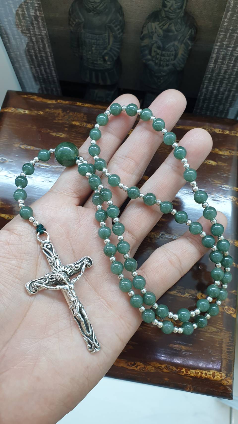 Jade Beads Rosary (24.5 inch) | Type A Natural Blue-Green Jadeite + Sterling Silver Crucifix
