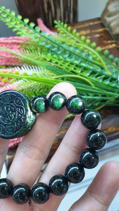 Ru Yi Black Jade Bracelet 17cm Gold Accents Myanmar Natural Black Jadeite Type A