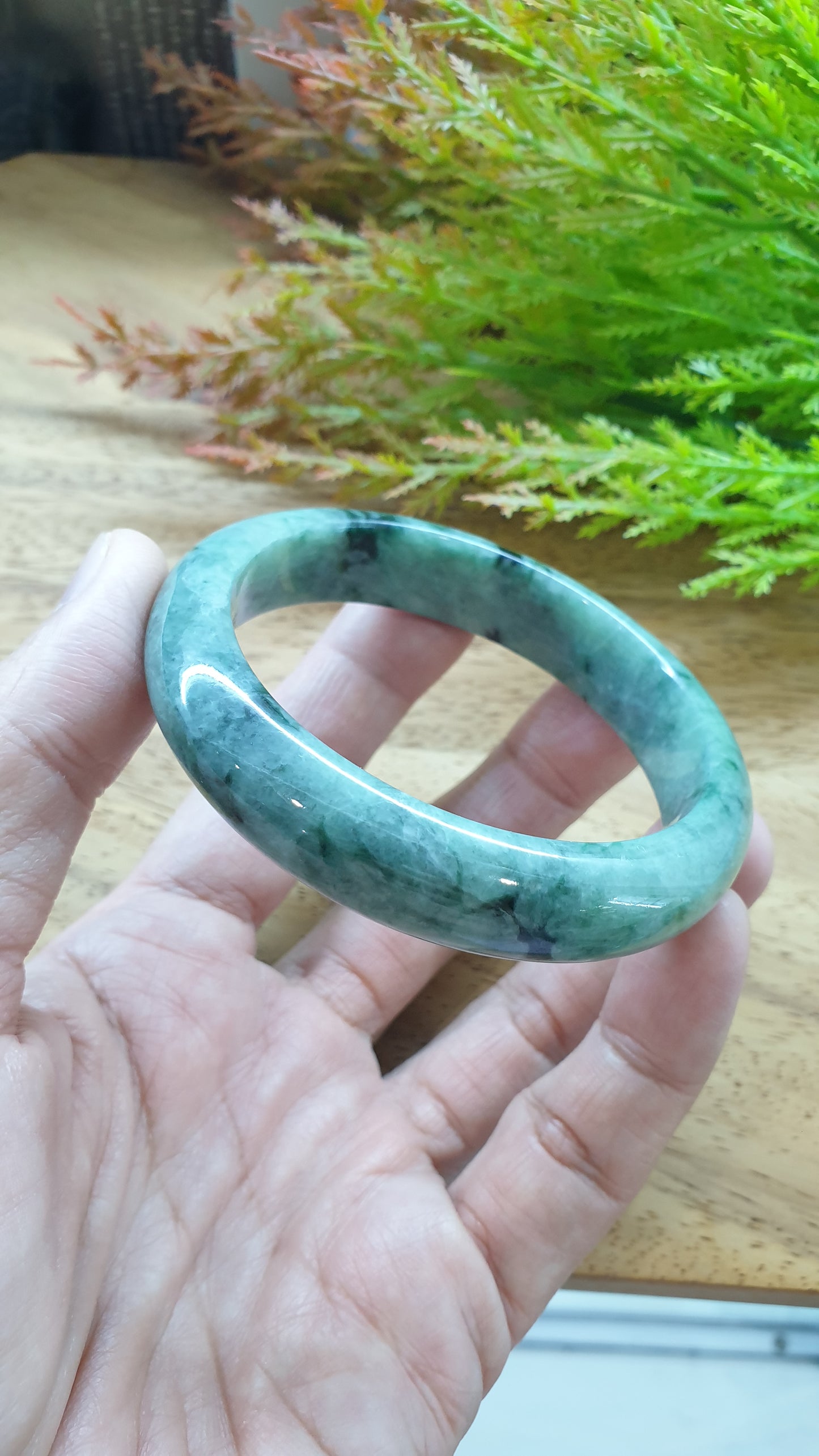 Jade Bangle S58.5 Type A Myanmar Jadeite Speckled Natural Moss Green