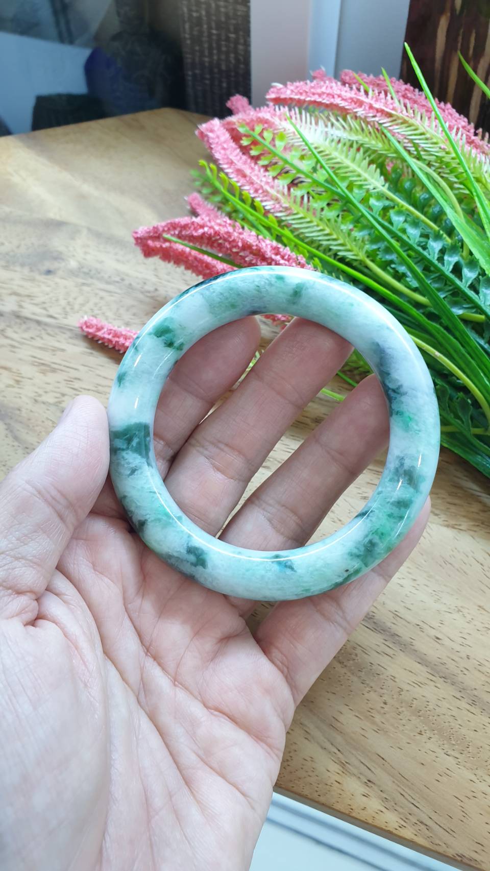 Jade Cylindrical Bangle S57.5 Marbled Green Fei Cui Type A Natural Jadeite