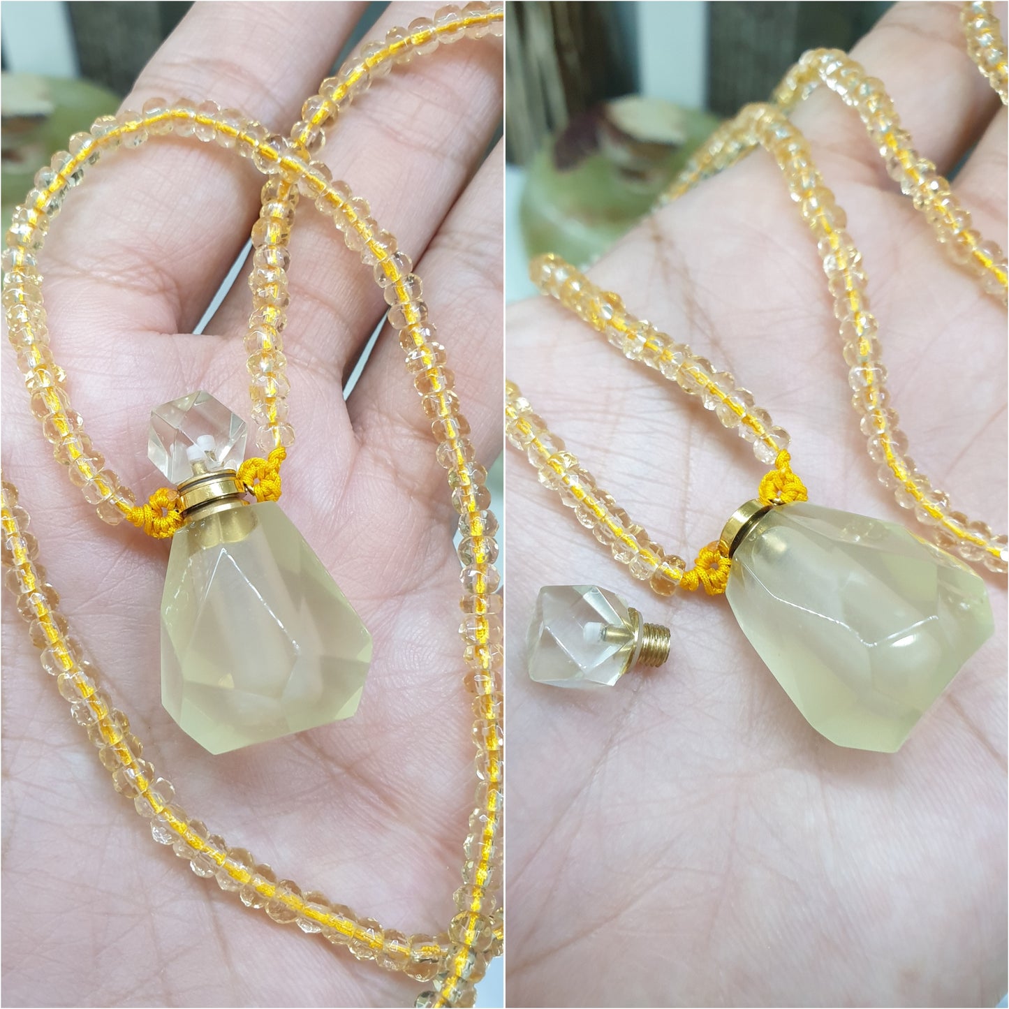 Yellow Quartz Perfume Bottle in Beaded Necklace (24") | Cute Snuff Bottle Necklace